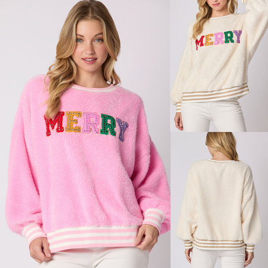 Letter Rhinestone Long Sleeve Pullover Hoodie Round Neck